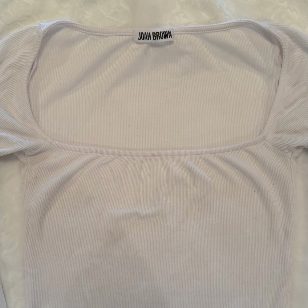 Joah Brown White Square Neck Long Sleeve Ribbed Top Fitted Stretch S - Picture 4 of 6